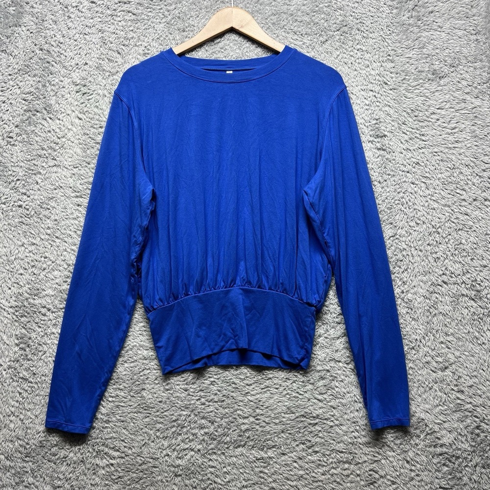 Halara Top Womens Large Blue Round Neck Long Souchy Sleeve Gathered Waist